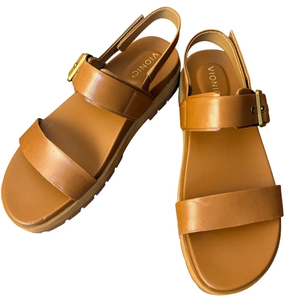 Vionic Torrance Tan Leather Platform Lug Sole Slingback Sandals Womens 11